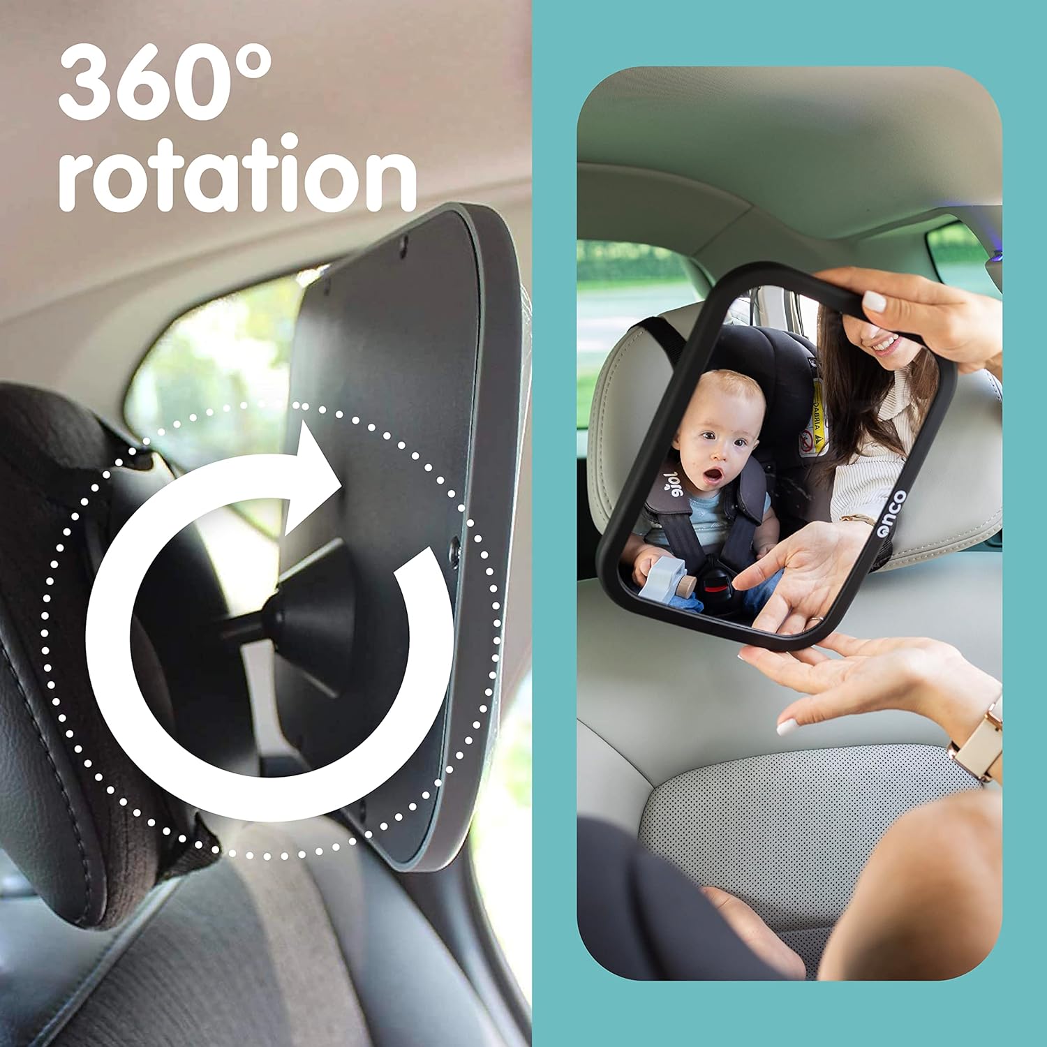 Onco Baby Car Mirror Rear-facing - Platinum Award Winning Car Mirror Baby Rear Facing Seat, Baby Essentials for Newborn, 100% Shatterproof Baby Mirror for Car, 360° Car Seat Mirror Rear Facing Infant - Image 8
